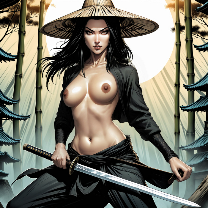 Asian - NSFW, My, Neural network art, Stable diffusion, Art, Erotic, Boobs, Asian, Bamboo, In Hat, Sword