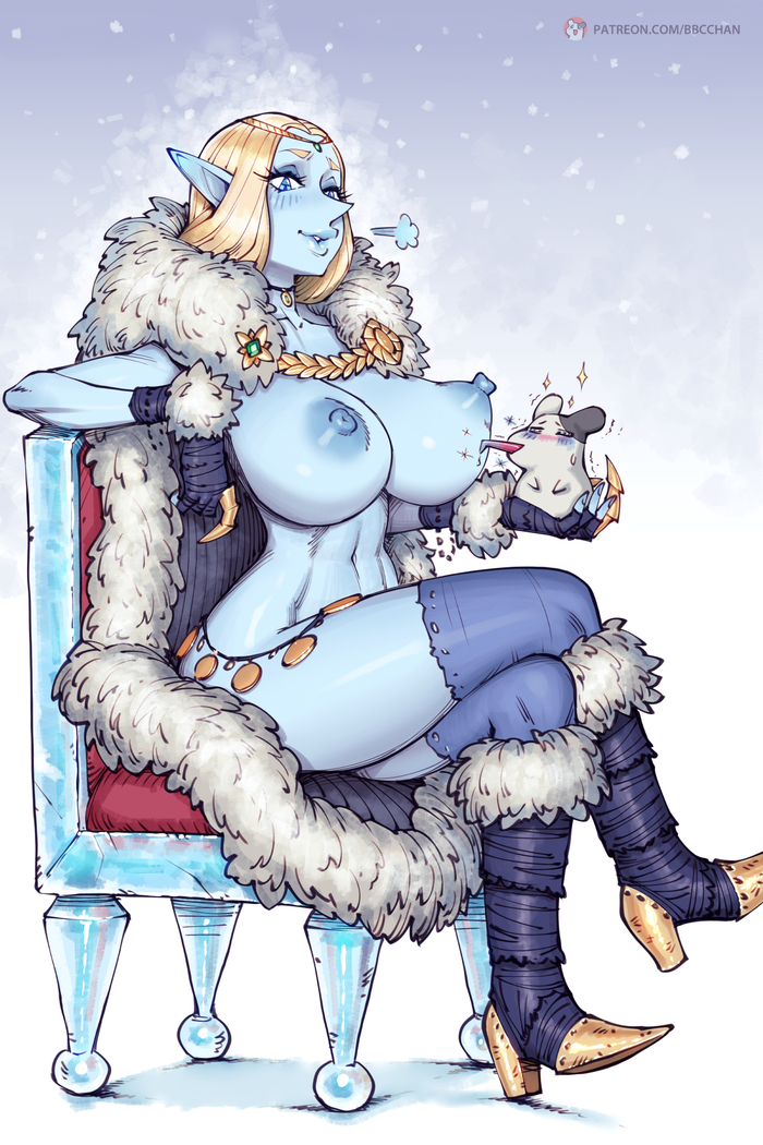 Ice queen - NSFW, Bbc-chan, Art, Anime, Anime art, Hand-drawn erotica, Erotic, Original character, Extra thicc, Elves, Fantasy, Twitter (link)