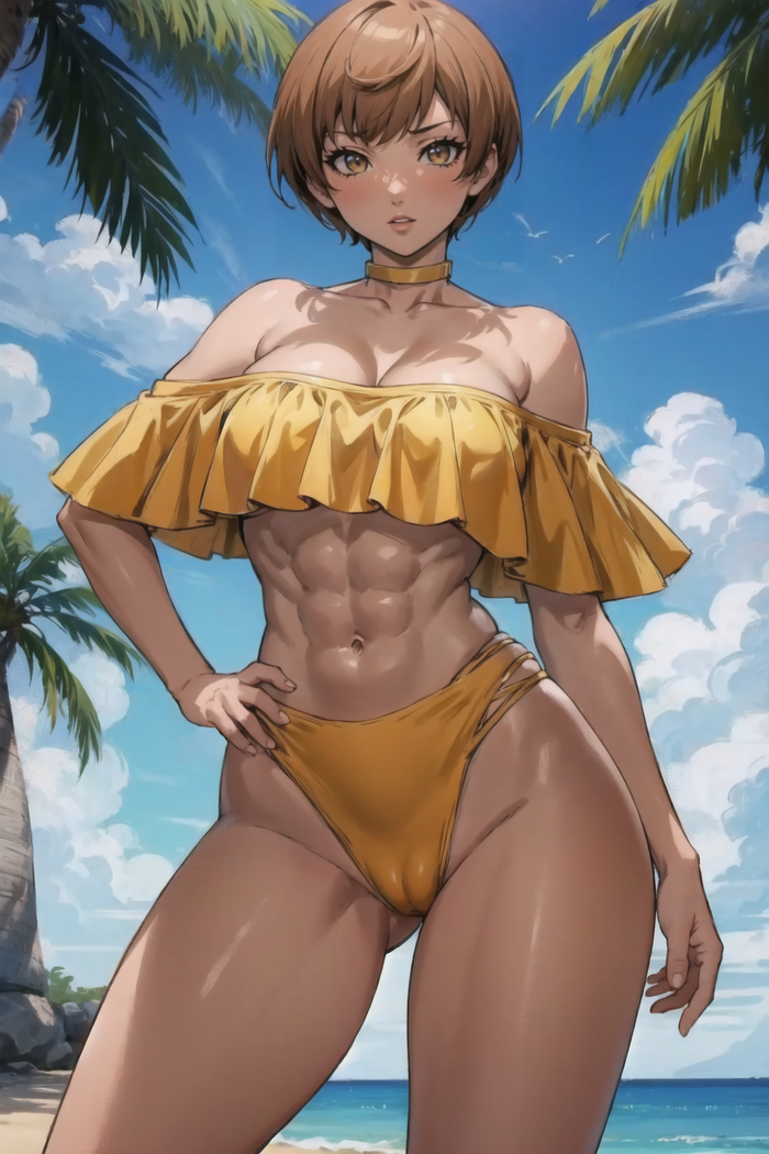 Are we going for a swim? - NSFW, Art, Anime, Anime art, Hand-drawn erotica, Neural network art, Persona, Persona 4, Chie Satonaka, Muscleart, Strong girl, Swimsuit