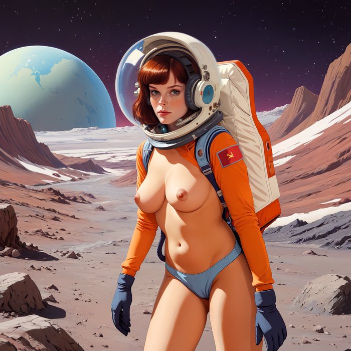 Mission to the Moon - NSFW, My, Neural network art, Stable diffusion, Art, Erotic, Boobs, Colorful hair, Космонавты, moon