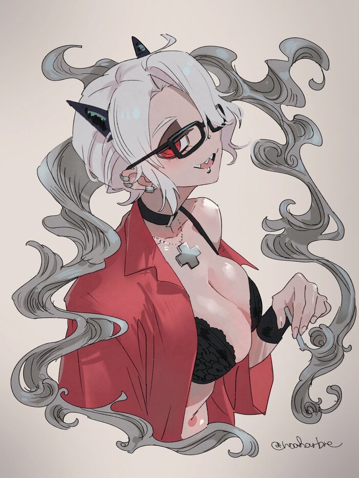 hello - NSFW, Noaharbre, Art, Anime, Anime art, Hand-drawn erotica, Erotic, Helltaker, Zdrada, Games, Girl with Horns, Glasses, Twitter (link)