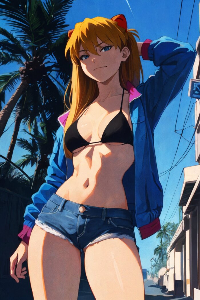 Asuka - NSFW, Anime, Anime art, Girls, Neural network art, Evangelion, Asuka langley, Bra, Swimsuit, Shorts