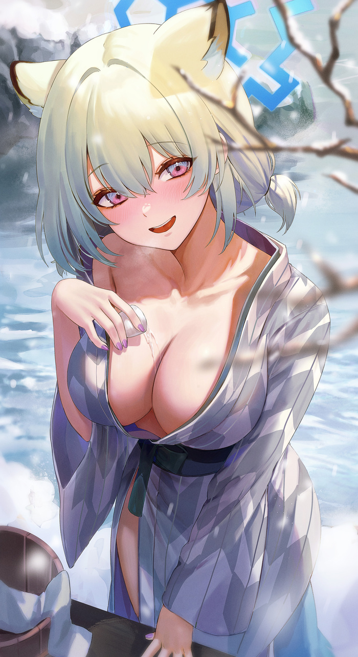 Join me - NSFW, Anime, Anime art, Girls, Games, Blue archive, Mayoi Shigure, The hot springs, Animal ears