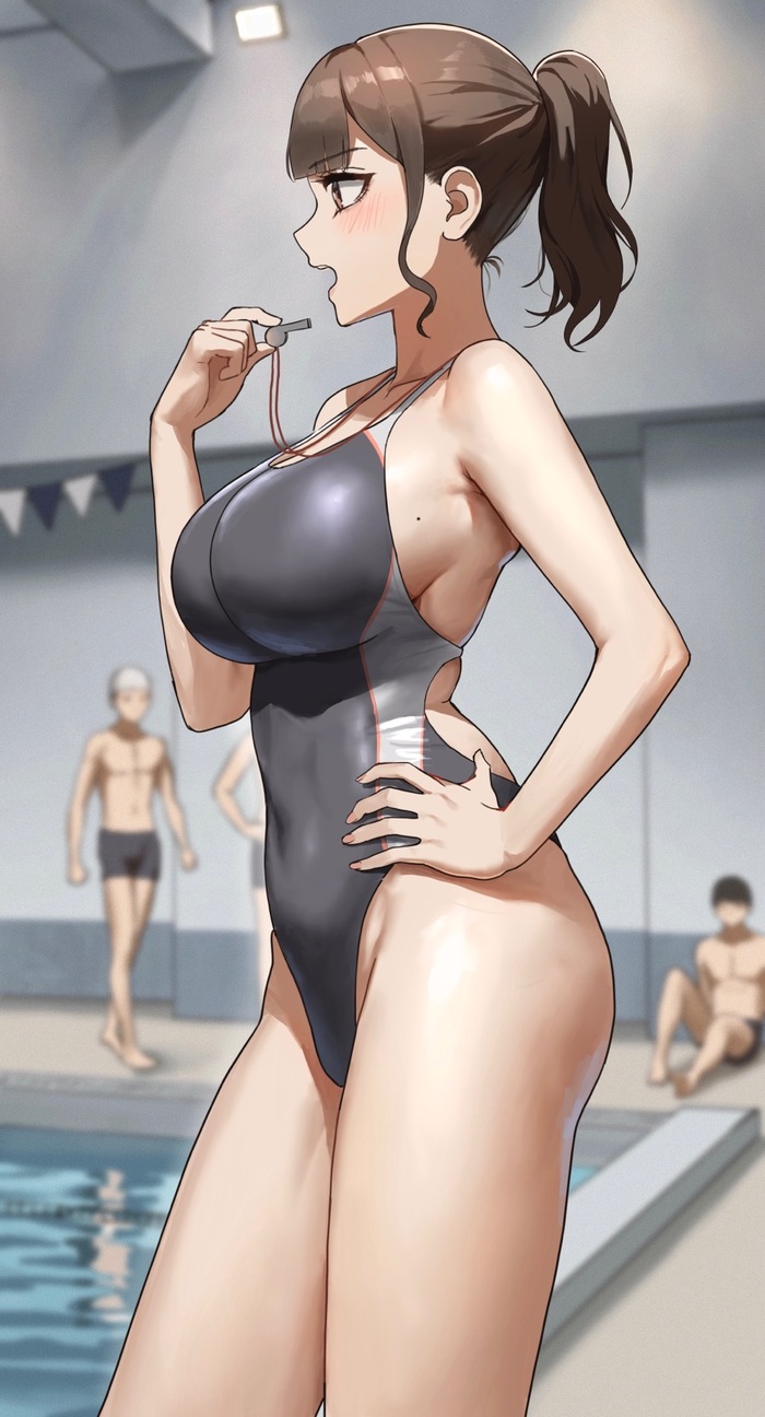 Swimming Coach (Supplement) - NSFW, Art, Anime art, Original character, Girls, Erotic, Hand-drawn erotica, Swimsuit, Boobs, Booty, Strip, Swimming pool, Dressing room, Anteiru, Longpost