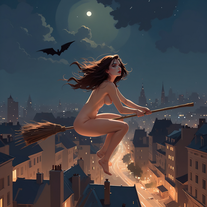 Flight - NSFW, My, Neural network art, Stable diffusion, Erotic, Boobs, Art, Naked, Flight, Witches, Night city, moon, Bat