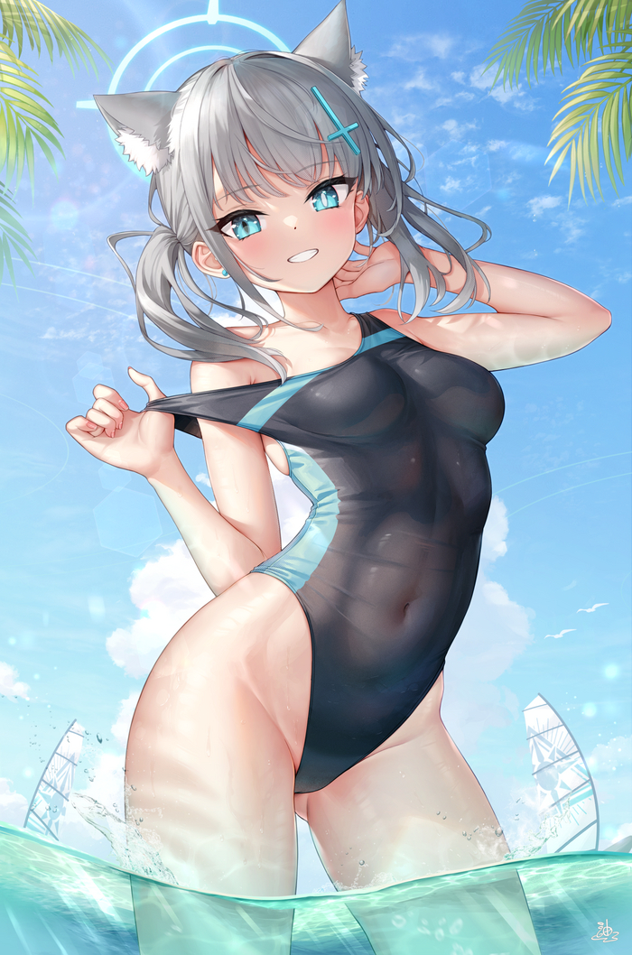 Shiroko - NSFW, Anime art, Anime, Girls, Games, Blue archive, Sunaookami shiroko, Animal ears, Swimsuit