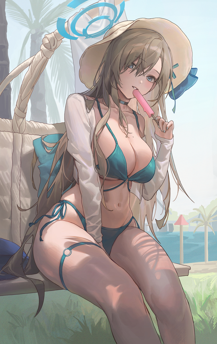 Asuna with ice cream - NSFW, Anime art, Anime, Girls, Games, Ichinose asuna, Blue archive, Swimsuit, Bikini