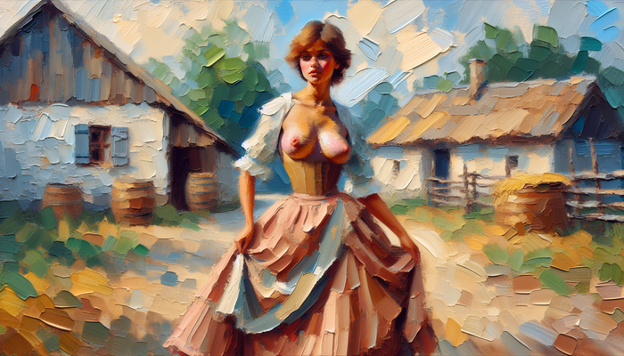 Thrush - NSFW, My, Erotic, Boobs, Neural network art, Art, Stable diffusion, Painting, House in the village