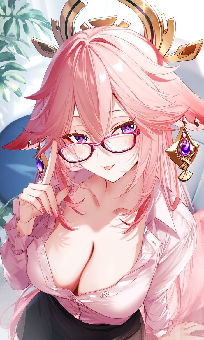 Yae - NSFW, Anime art, Anime, Yae Miko (Genshin Impact), Genshin impact, Glasses, Neural network art, Language