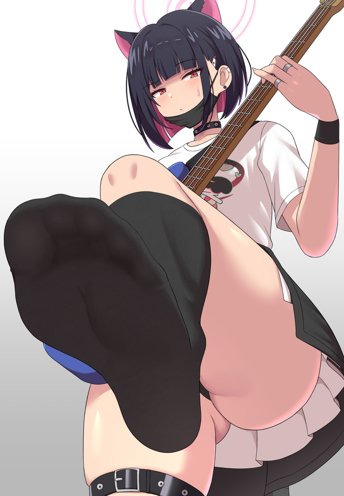 Bass player, bottom view - NSFW, Anime art, Anime, Blue archive, Kyouyama Kazusa, Animal ears, Underwear, Upskirt, Foot fetish, Bas-guitar