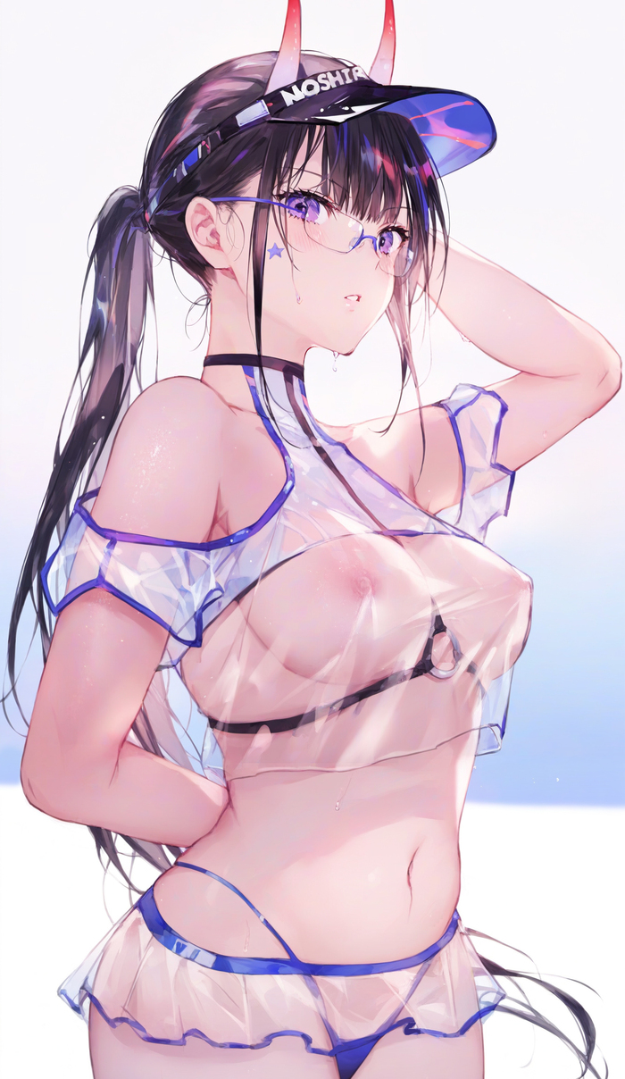 Noshiro - NSFW, Anime Art, Аниме, Azur Lane, Noshiro, Девушка с рогами, Сиськи, Панцу