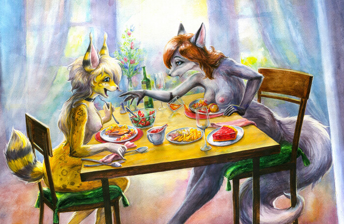Awkward lunch - NSFW, Furry, Anthro, Elkir, Furry fox, Furry lynx, Boobs, Breakfast