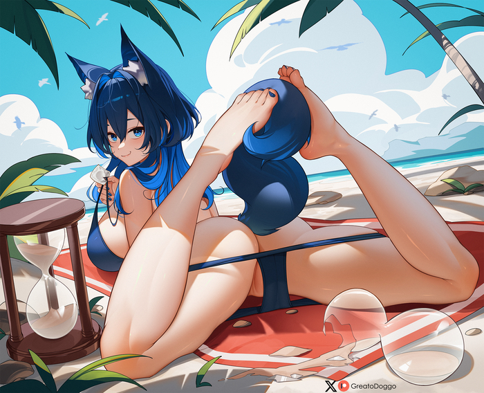 Timeless summer - NSFW, Anime art, Anime, Virtual youtuber, Hololive, Ouro Kronii, Hand-drawn erotica, Greatodoggo, Animal ears, Tail, Swimsuit, Summer, Beach