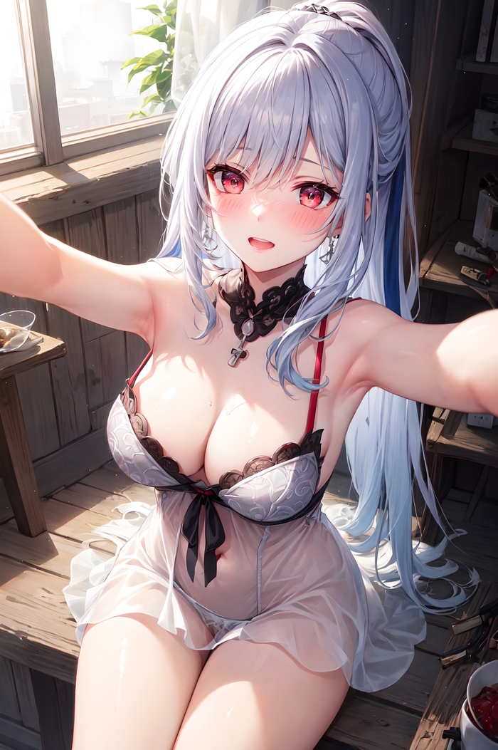 Good morning with Jingliu - NSFW, Honkai: Star Rail, Anime, Anime art, Pixiv, Boobs, Hips, Neural network art, Red eyes, Underwear, Jingliu (Honkai: Star Rail), Longpost