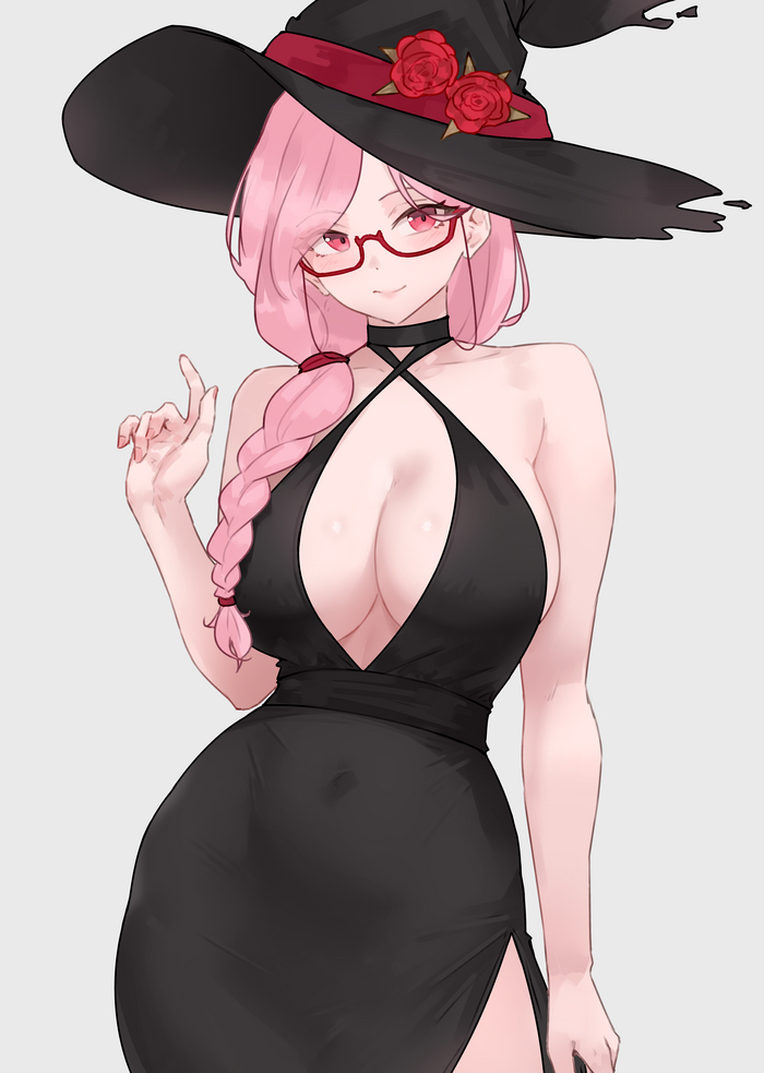 Mama Mori - NSFW, Art, Anime, Anime art, Hololive, Virtual youtuber, Mori calliope, Bluefield, Witches, Choker, Girl in glasses, Boobs, Erotic, Hand-drawn erotica