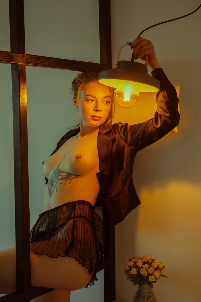 In the light of the lamp - NSFW, My, Erotic, Boobs, Body, Girls, Professional shooting, Telegram (link), Piercing, Girl with tattoo