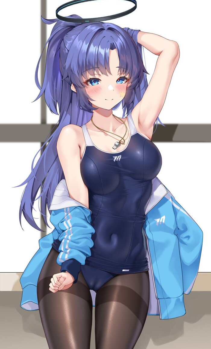 Sweating - NSFW, Anime, Boobs, Anime art, Swimsuit, Cameltoe, Navel, Blue archive, Hayase Yuuka, Longpost