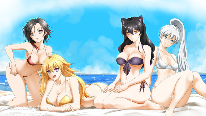 RWBY - NSFW, Pixiv, Аниме, Anime Art, RWBY, Сиськи, Team RWBY, Ruby Rose, Yang Xiao Long, Weiss Schnee, Blake Belladonna, Animal Ears, Kimmy77, Купальник, Бедра