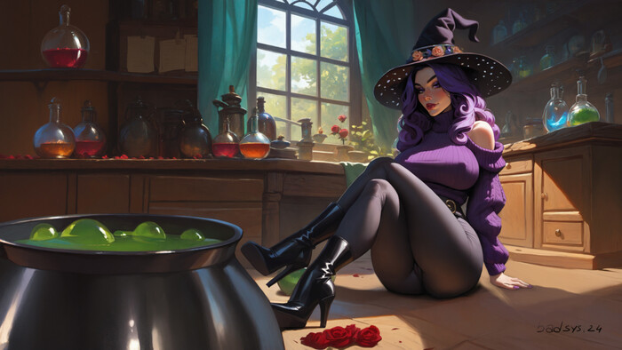 The Mystery of the Cauldron: A Mysterious Lady Brews a Potion with Unknown Properties - NSFW, My, Erotic, Neural network art, Colorful hair, Desktop wallpaper, Witches, Art