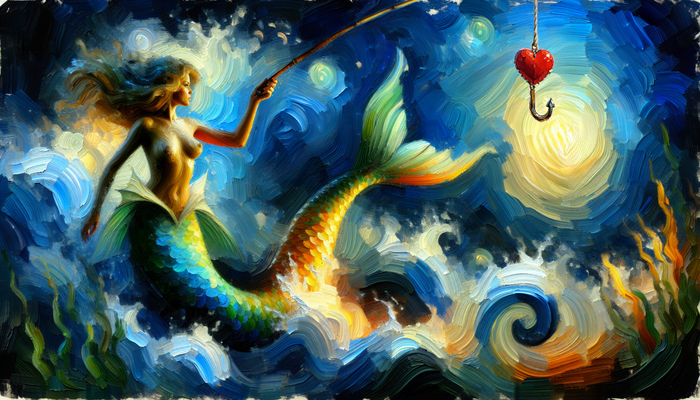 Mermaid - NSFW, My, Neural network art, Erotic, Boobs, Art, Stable diffusion, Mermaid, Fishing rod