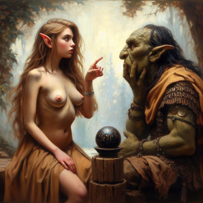 Acquaintance - NSFW, My, Neural network art, Erotic, Stable diffusion, Boobs, Art, Elves, Orcs