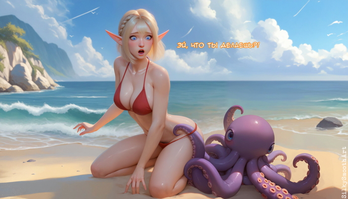 The Case of the Octopus 2 - NSFW, My, Neural network art, Art, Stable diffusion, Нейронные сети, Erotic, Elves, Blonde, Octopus, Comics, Bikini