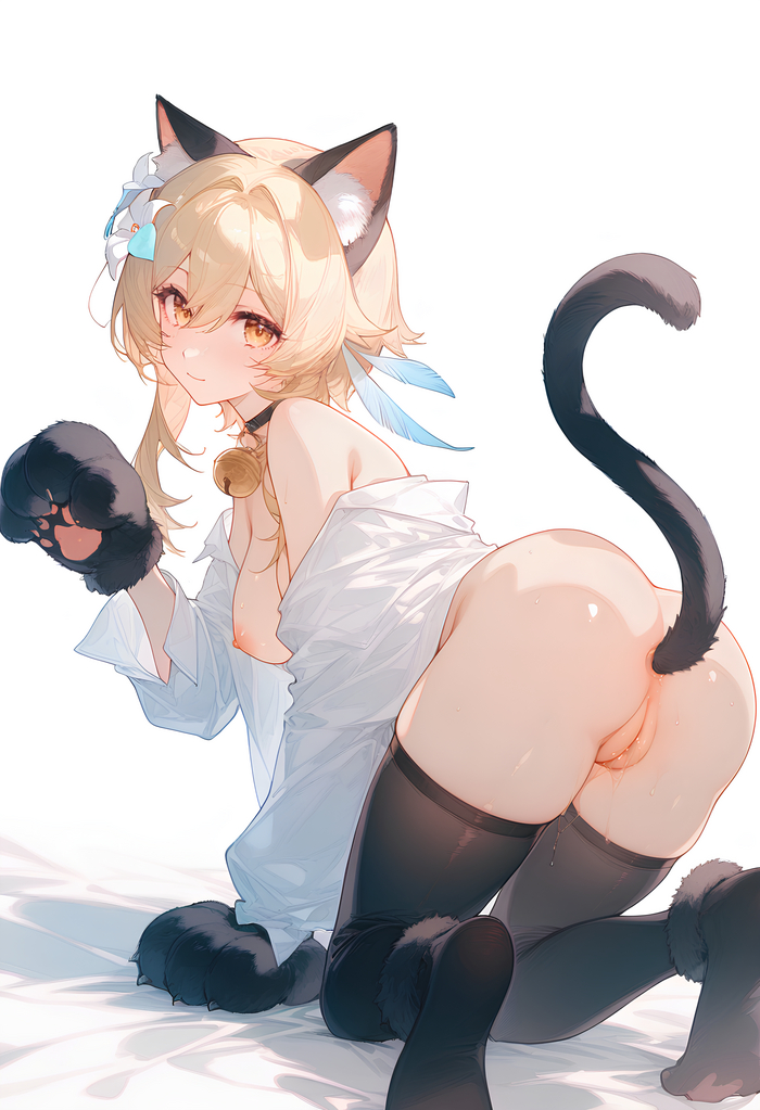 Continuation of the post Lumine - NSFW, Anime art, Anime, Genshin impact, Lumine (Genshin Impact), Animal ears, Boobs, Stockings, Choker, Tail, Neural network art, Hand-drawn erotica, Labia, Anus, Reply to post, Longpost