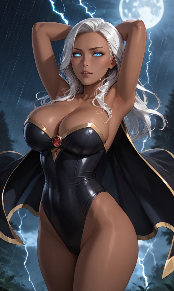 Storm (X-Men) - NSFW, Моё, Эротика, Сиськи, Люди Икс, Арты нейросетей, Stable Diffusion, Арт, Мультсериалы, Цветные волосы, Длиннопост