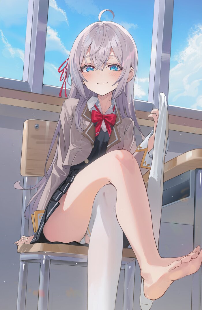 Will you help me? - NSFW, Anime, Anime art, Alisa Mikhailovna Kujou, Tokidoki Bosotto Russia-go de Dereru Tonari no Aly, Stockings, Foot fetish, Pantsu