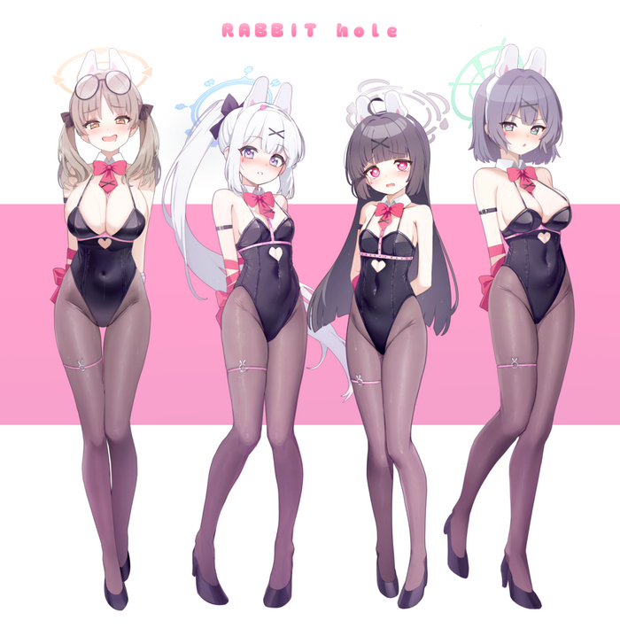 Squad of Bunnies - NSFW, Anime, Anime art, Blue archive, Tsukiyuki Miyako, Kasumizawa Miyu, Kazekura Moe, Sorai Saki, Bunnysuit, Bunny ears, Tights