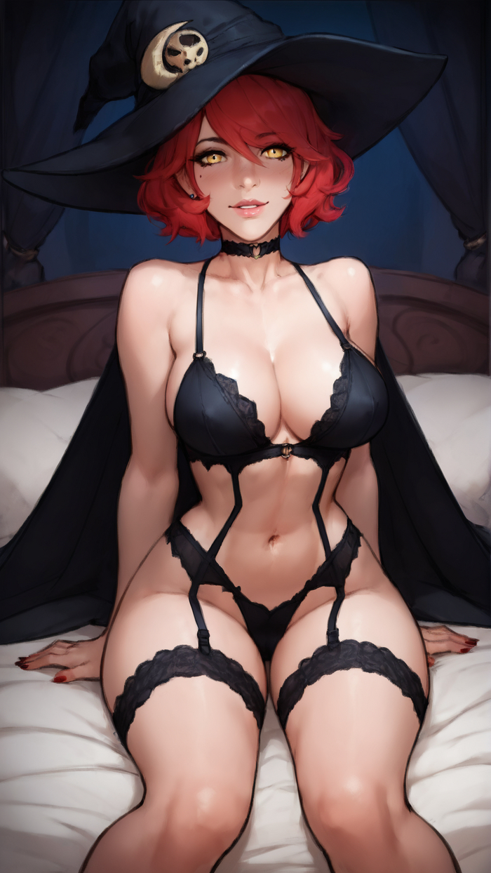 A very, very bad witch - NSFW, My, Neural network art, Hand-drawn erotica, Erotic, Art, Anime, Anime art, Original character, Choker, Redheads, Witches, Colorful hair, MILF, Lace, Boobs