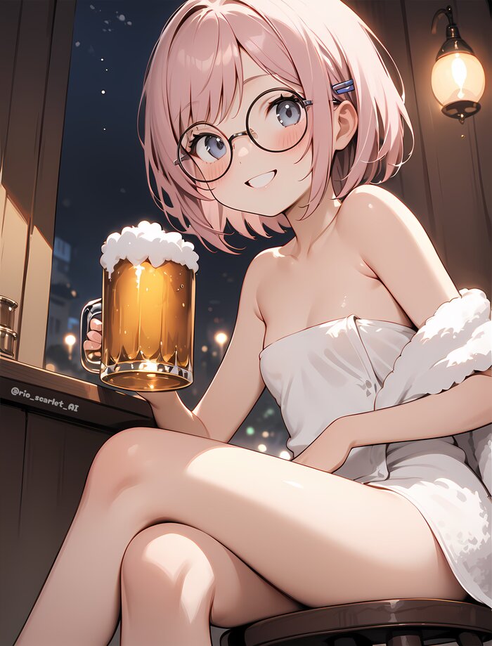 Happy Friday everyone! - NSFW, Anime, Anime art, Beer, Girl in glasses, Original character, Neural network art