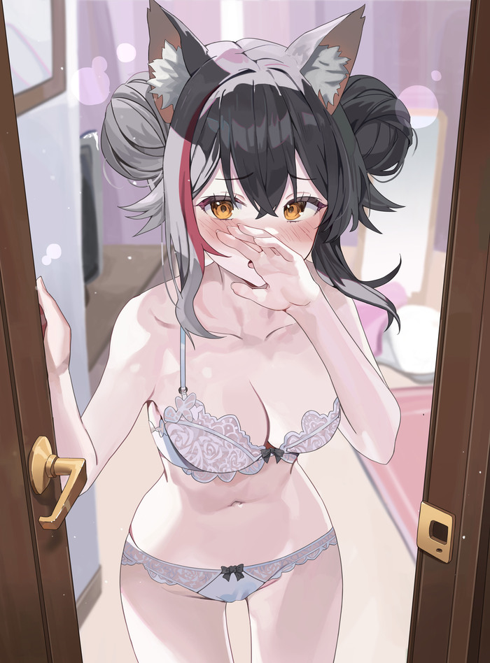 Ой... - NSFW, Anime Art, Аниме, Hololive, Virtual YouTuber, Ookami Mio, Animal Ears, Нижнее белье, Сиськи