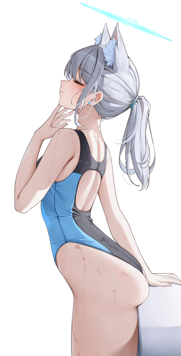 Sunaookami Shiroko - NSFW, Anime, Anime art, Art, Girls, Games, Sunaookami shiroko, Blue archive, Swimsuit, Booty, Animal ears