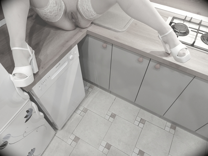 View from above. B/w or color, which is better? - NSFW, My, View from above, Stockings, High heels, Kitchen, Erotic, Girls, Pubis, Labia