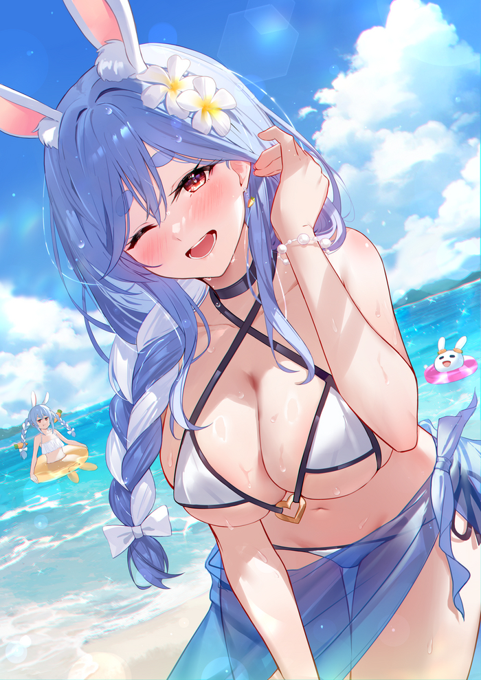 On the beach - NSFW, Anime art, Anime, Hololive, Virtual youtuber, Pekomama, Usada pekora, Animal ears