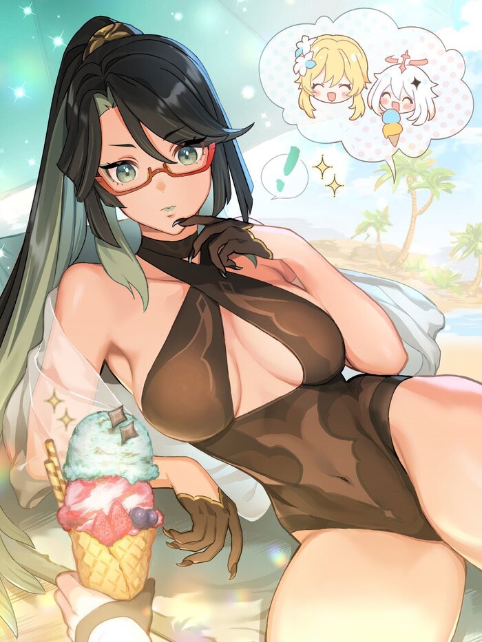 Ice cream? - NSFW, Art, Anime, Genshin impact, Anime art, Xianyun (Genshin Impact), Girl in glasses, Swimsuit, Ice cream