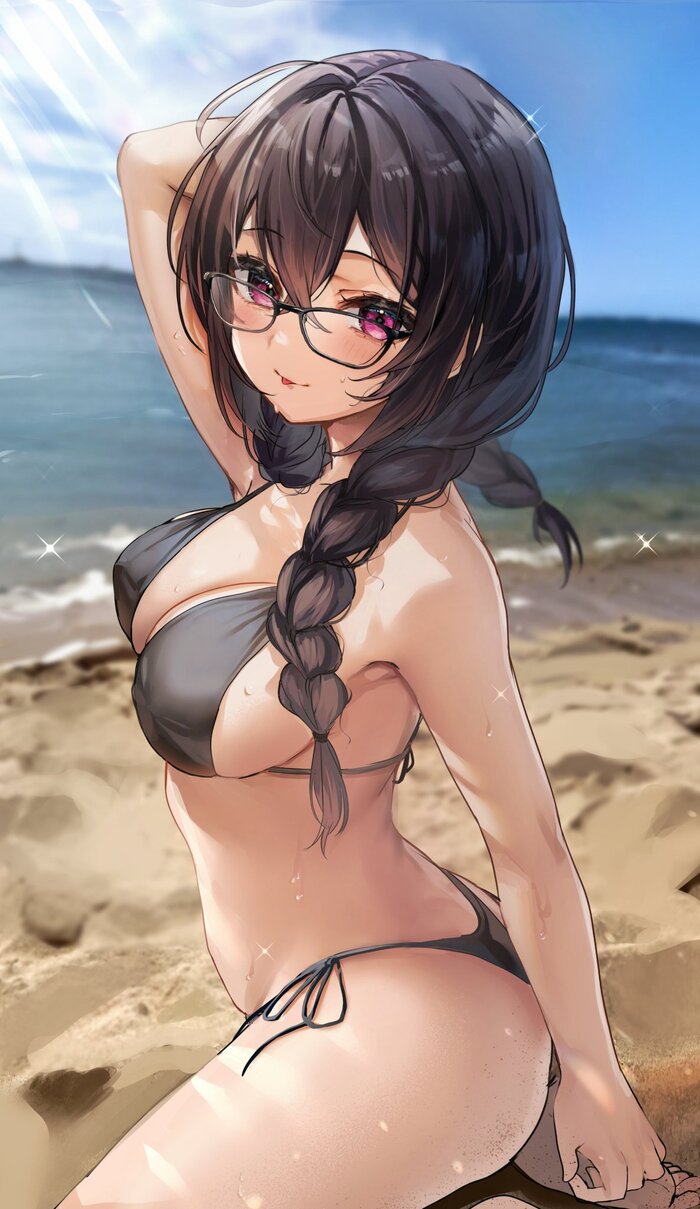 Continuation of the post Fou - NSFW, Anime art, Anime, Original character, Glasses, Girls, Yufou, Stockings, Underwear, Foot fetish, Art, Swimsuit, Reply to post, A wave of posts