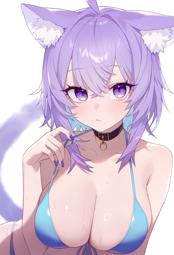 Okayu - NSFW, Anime art, Anime, Hololive, Virtual youtuber, Nekomata Okayu, Animal ears, Boobs, Swimsuit, Choker