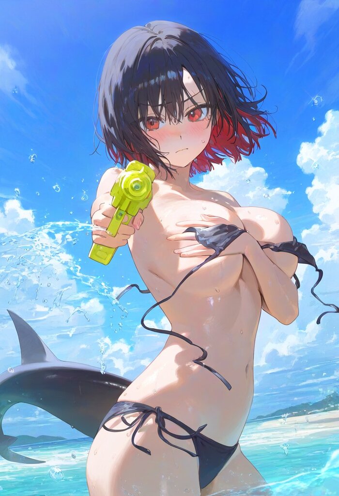 A weighty argument - NSFW, Anime, Anime art, Ellen Joe (zzz), Zenless Zone Zero, Swimsuit, Boobs, Tail, Sea, Neural network art