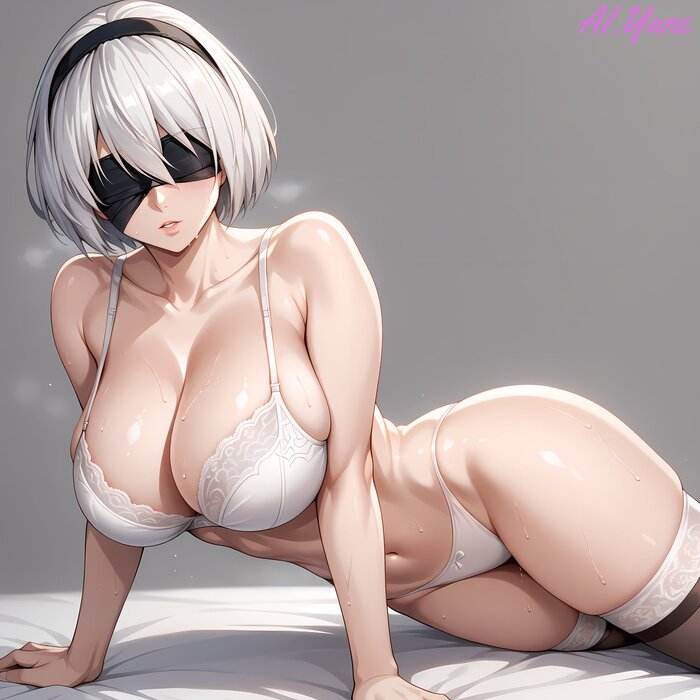 Yorha 2b - NSFW, Аниме, Anime Art, Yorha unit No 2 type B, NIER Automata, Чулки, Нижнее белье, Сиськи, Арты нейросетей, Бедра