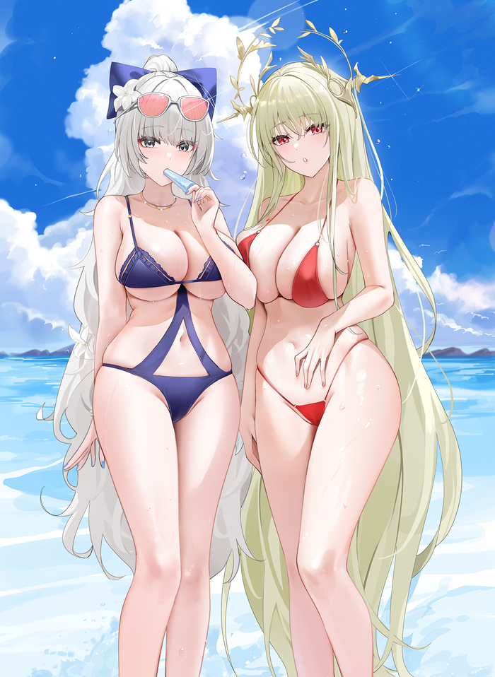 Napoli &  Vittorio Veneto - NSFW, Art, Anime, Anime art, Azur lane, Vittorio Veneto, Swimsuit, Boobs, Erotic, Hand-drawn erotica, Napoli (Azur Lane)