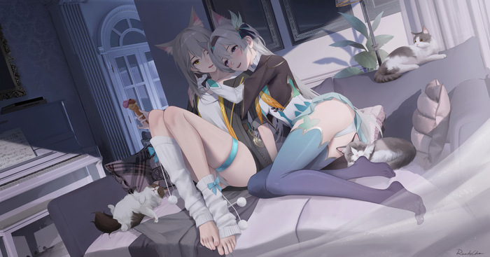 Кошечки - NSFW, Anime Art, Аниме, Подруга, Yuri, Honkai: Star Rail, Stelle (Honkai: Star Rail), Firefly (Honkai: Star Rail), Animal Ears, Обнимашки, Нижнее белье