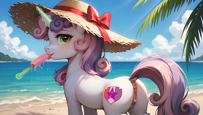 Relaxes on the beach - NSFW, My little pony, PonyArt, MLP Explicit, MLP anatomically correct, Neural network art, Sweetie belle