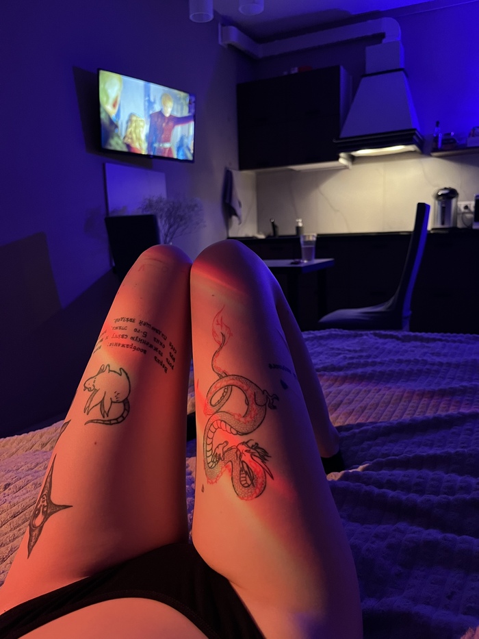 movie night - NSFW, My, Erotic, Homemade, The photo, Girl with tattoo, Boobs, Longpost