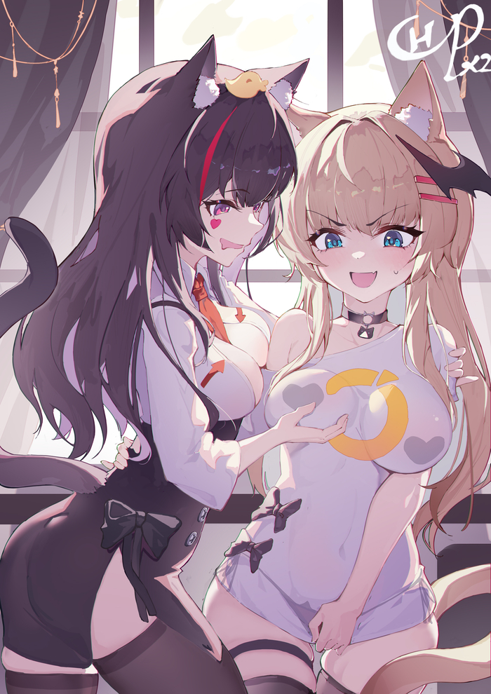 Cats - NSFW, Anime art, Anime, Original character, Girls, Animal ears, Yuri, Tail, Choker, Boobs, Neko