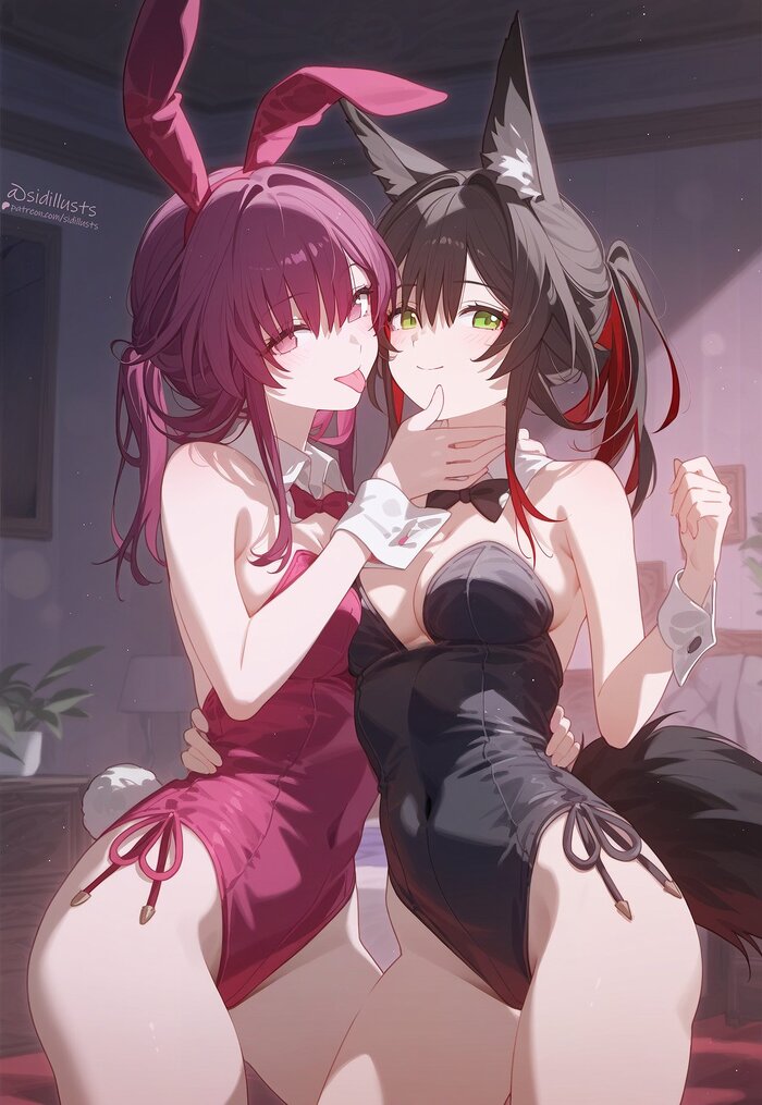 Лисица и зайка - NSFW, Anime Art, Аниме, Девушки, Игры, Honkai: Star Rail, Kafka (Honkai: Star Rail), Tingyun (Honkai: Star Rail), Bunnysuit, Bunny Ears, Хвост, Sidillusts, Арты нейросетей