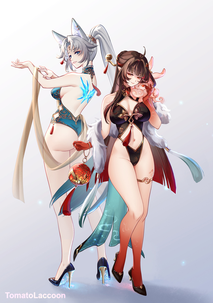 Feixiao & Lingsha - NSFW, Anime Art, Аниме, Feixiao (Honkai: Star Rail), Lingsha (Honkai: Star Rail), Honkai: Star Rail, Animal Ears, Купальник, Попа, Туфли на высоких каблуках