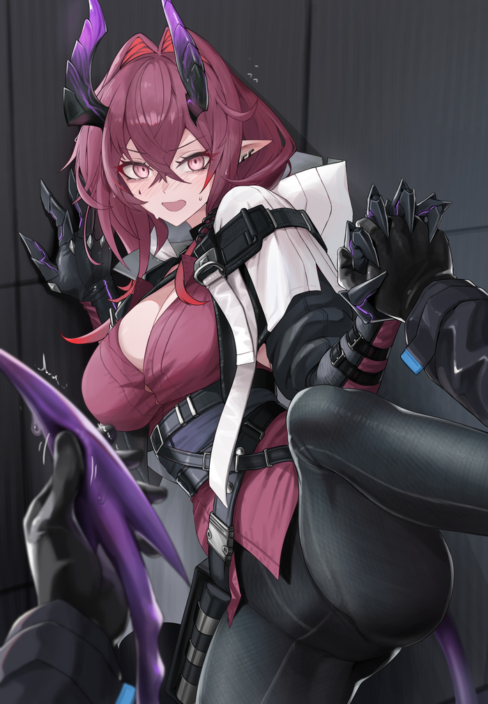 How... How can you commit such obscenities?! - NSFW, Anime art, Anime, Arknights, Ascalon (Arknights), Doctor (Arknights), Mildt, Holding hands, Tail, Longpost