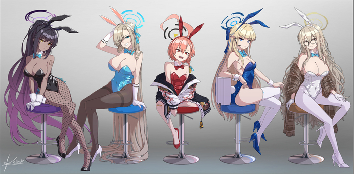 Bunnies - NSFW, Anime, Anime art, Blue archive, Kakudate karin, Ichinose asuna, Mikamo Neru, Asuma Toki, Murokasa Akane, Bunnysuit, Bunny ears, Stockings, Tights